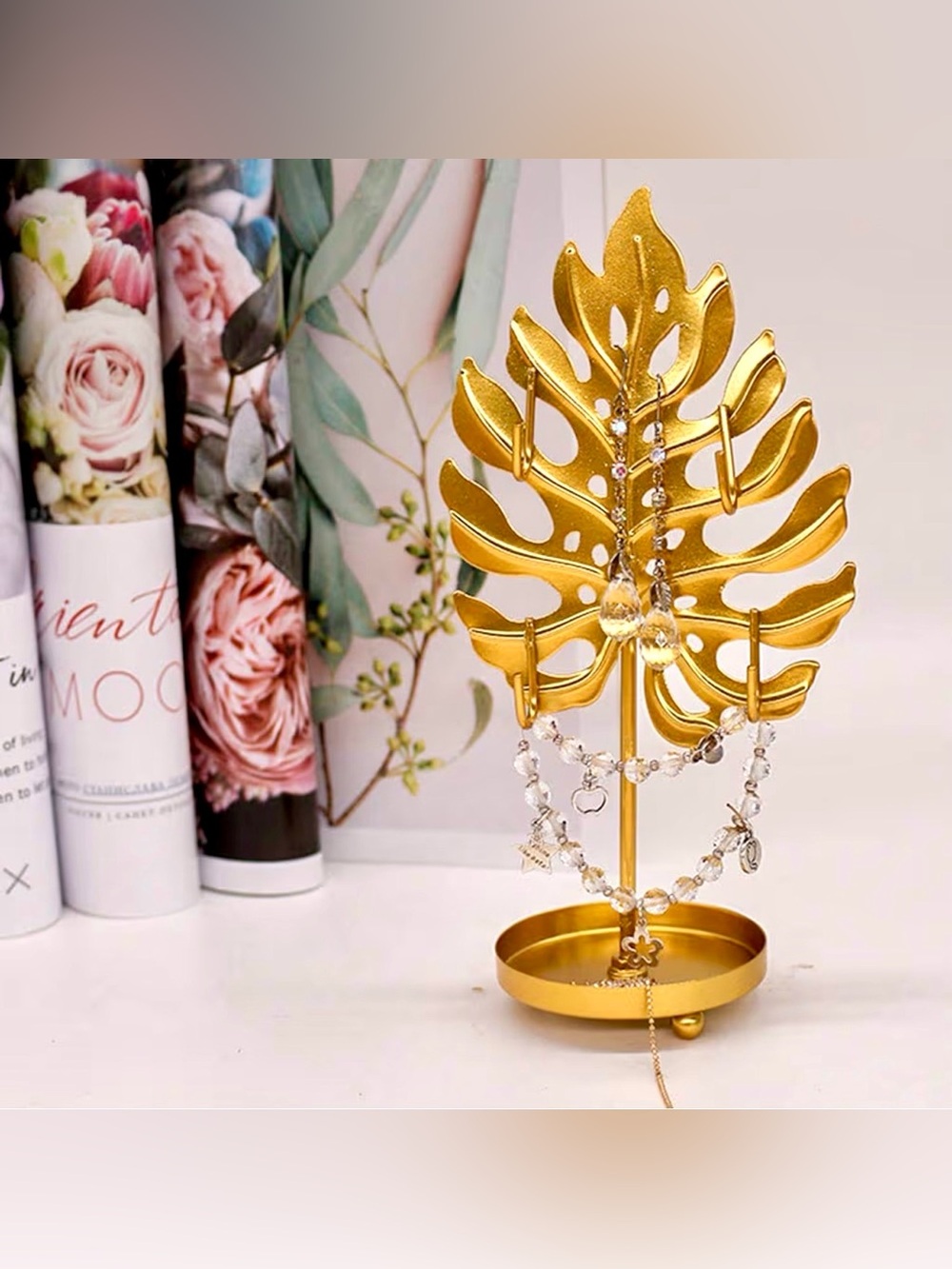 JEWELRY TREE PALM LEAF GOLD TONE METAL 4 
HOOK DISLAY